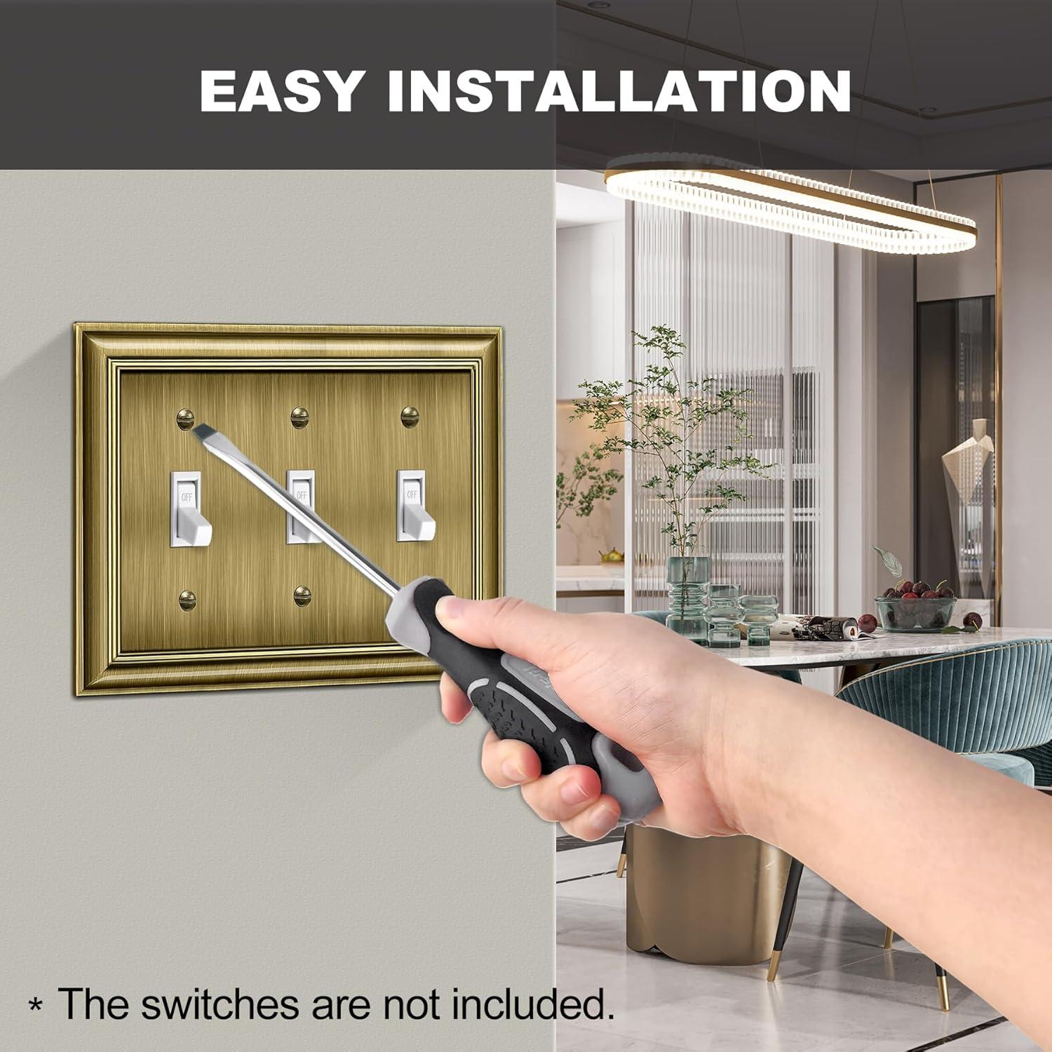 imageBESTTEN Polished Brass Double Duplex Electrical Receptacle Outlet Cover Plates 2Gang Metal Wall Plate Switch Covers Midsize3Gang Toggle 1PK