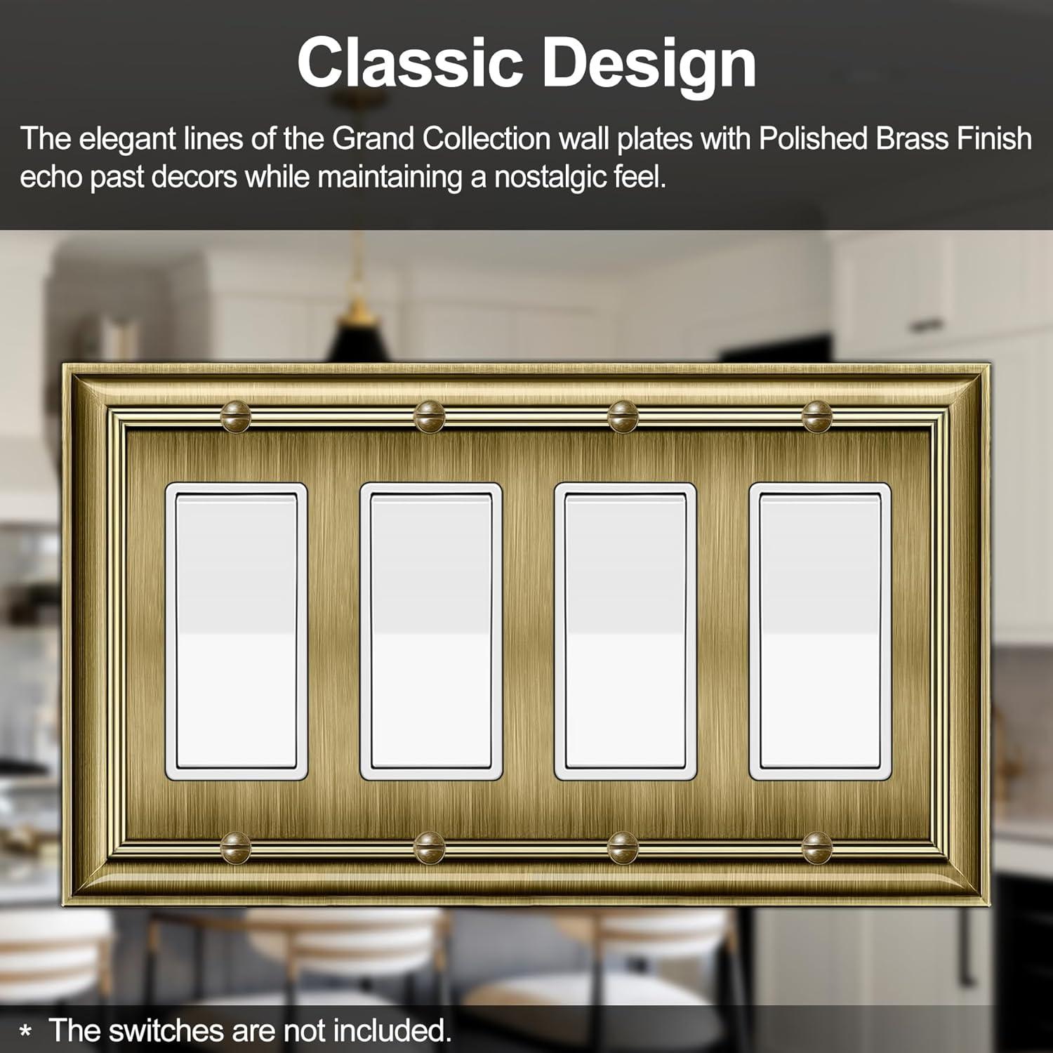 imageBESTTEN Polished Brass Double Duplex Electrical Receptacle Outlet Cover Plates 2Gang Metal Wall Plate Switch Covers Midsize4 Gang Decorator 1PK