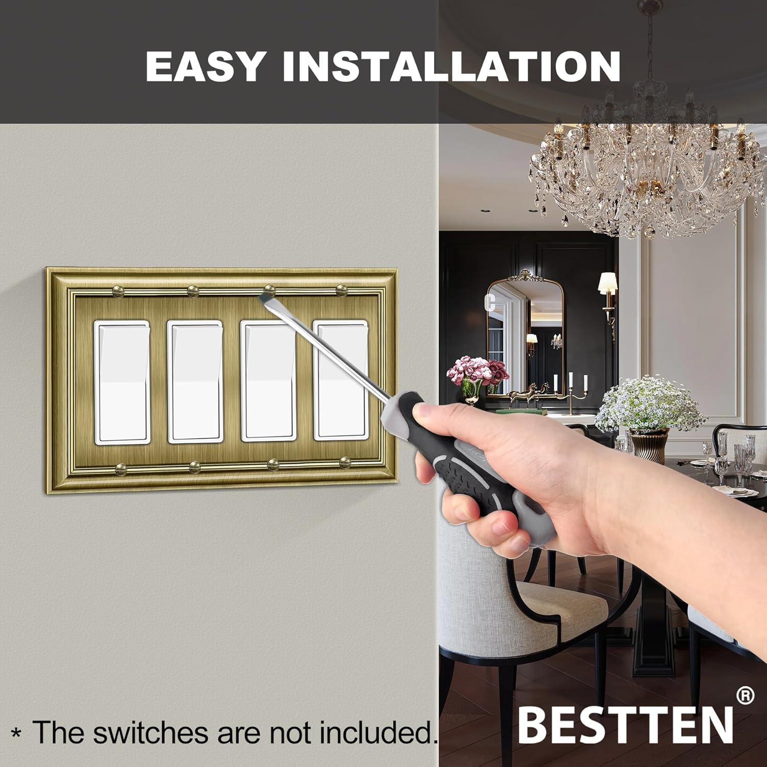 imageBESTTEN Polished Brass Double Duplex Electrical Receptacle Outlet Cover Plates 2Gang Metal Wall Plate Switch Covers Midsize4 Gang Decorator 1PK