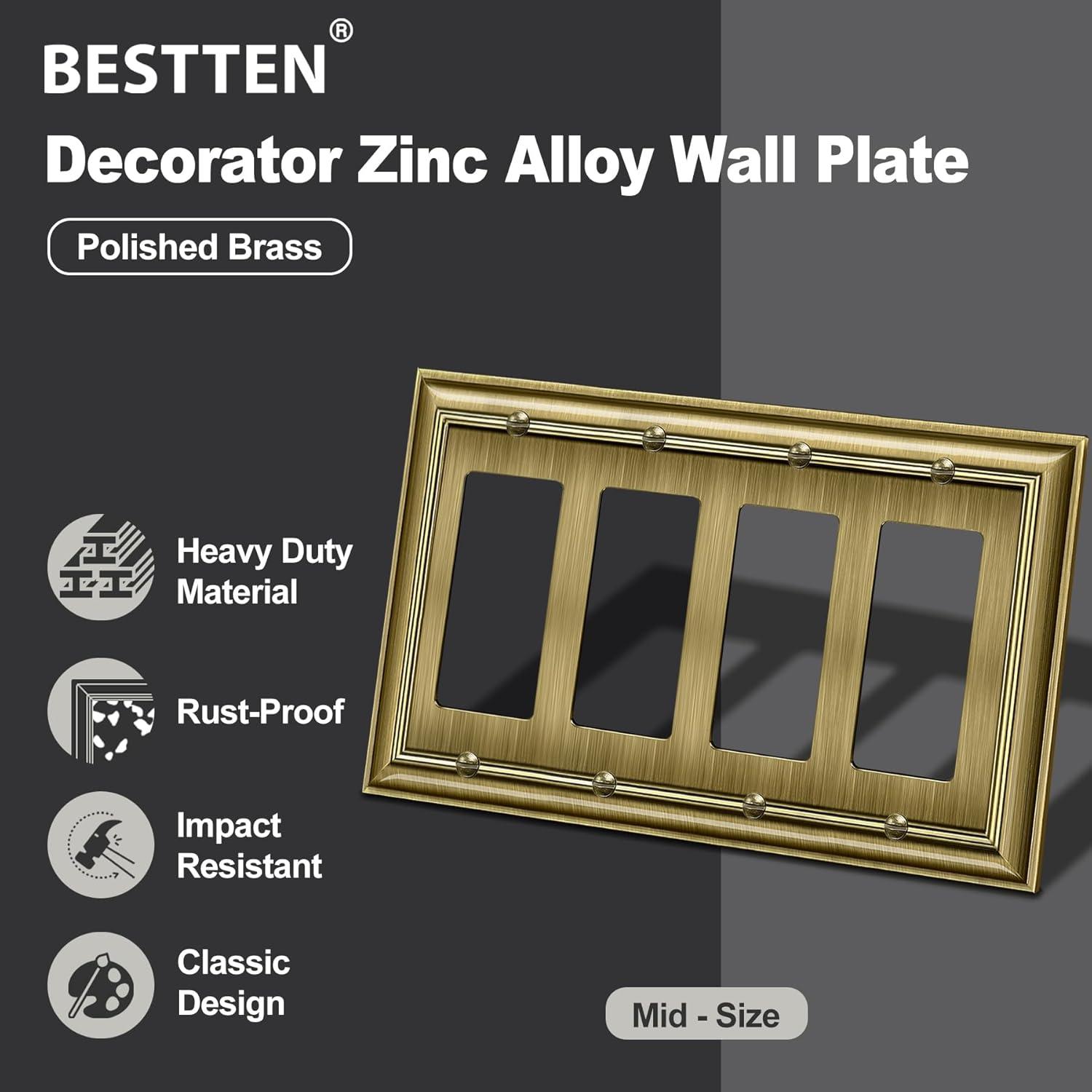 imageBESTTEN Polished Brass Double Duplex Electrical Receptacle Outlet Cover Plates 2Gang Metal Wall Plate Switch Covers Midsize4 Gang Decorator 1PK