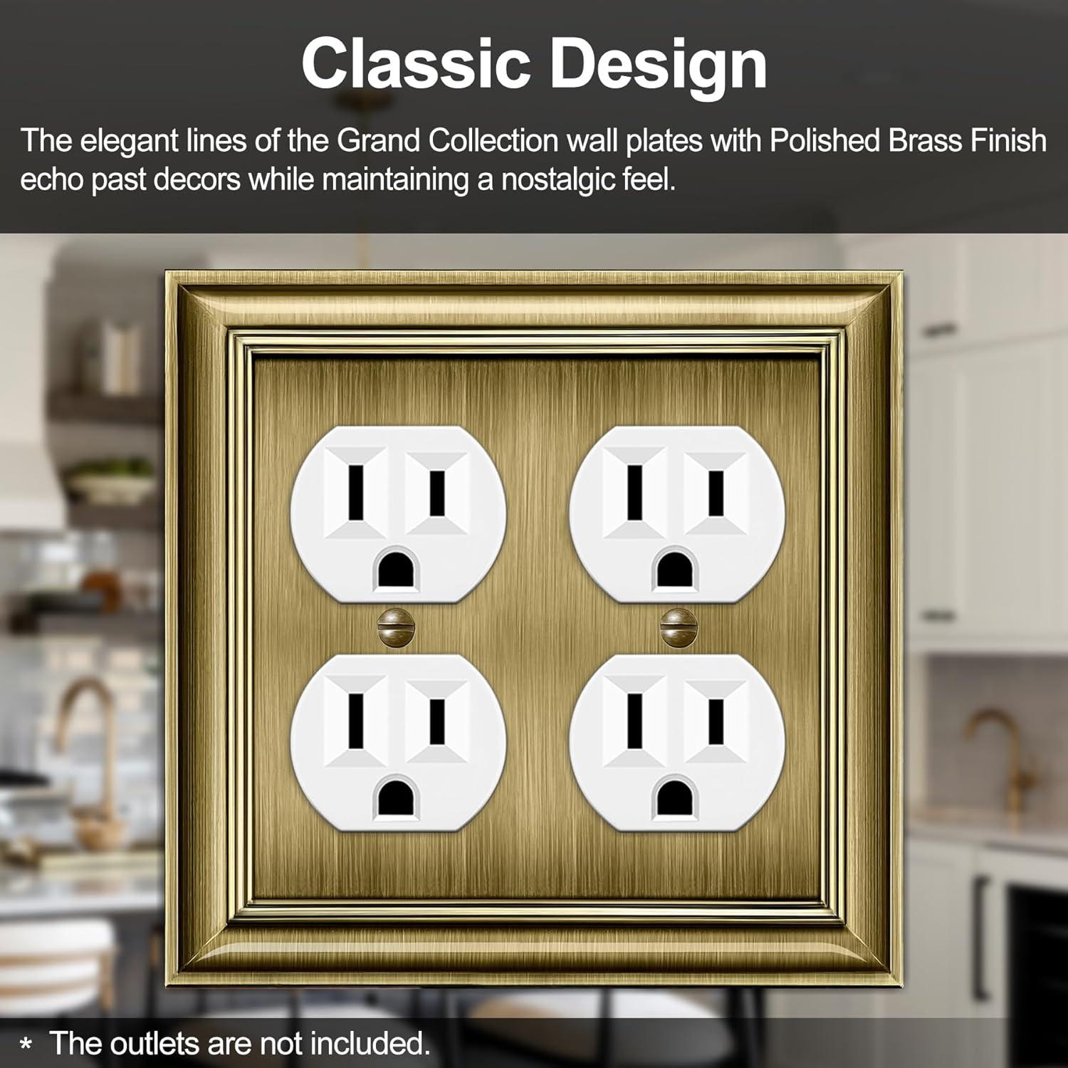 imageBESTTEN Polished Brass Double Duplex Electrical Receptacle Outlet Cover Plates 2Gang Metal Wall Plate Switch Covers MidsizeDuplex 1PK