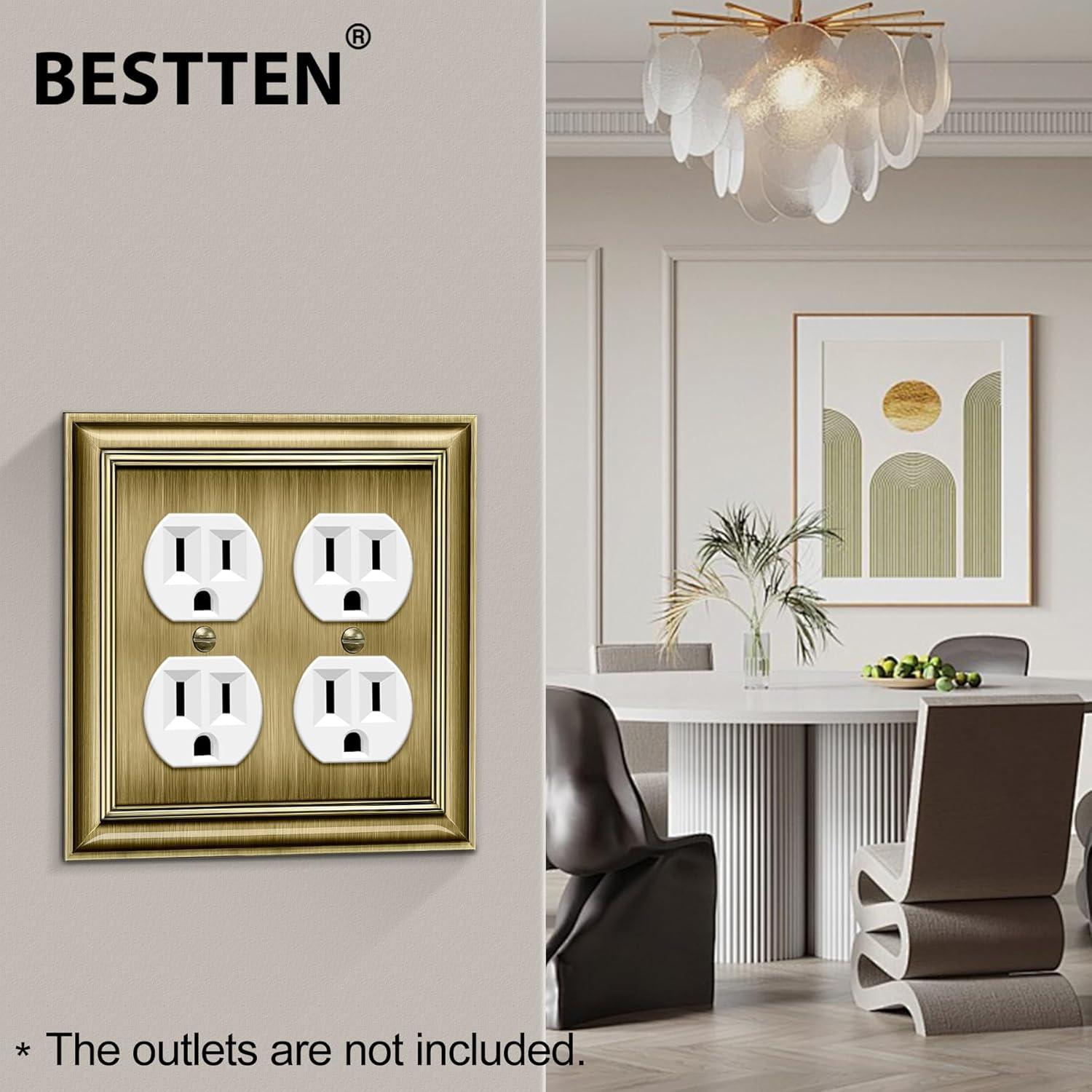 imageBESTTEN Polished Brass Double Duplex Electrical Receptacle Outlet Cover Plates 2Gang Metal Wall Plate Switch Covers MidsizeDuplex 1PK