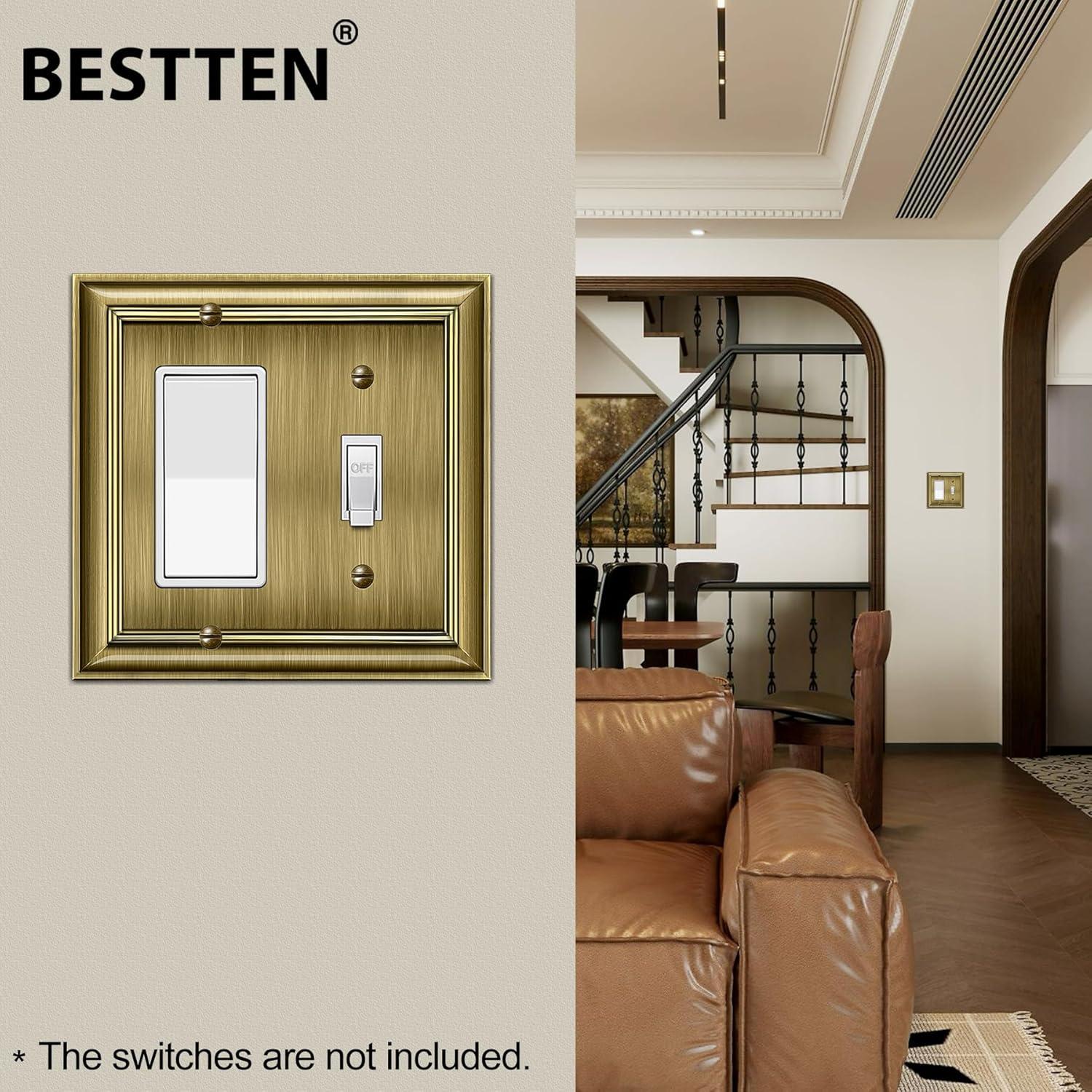 imageBESTTEN Polished Brass Double Duplex Electrical Receptacle Outlet Cover Plates 2Gang Metal Wall Plate Switch Covers MidsizeToggleDecorator 2PK