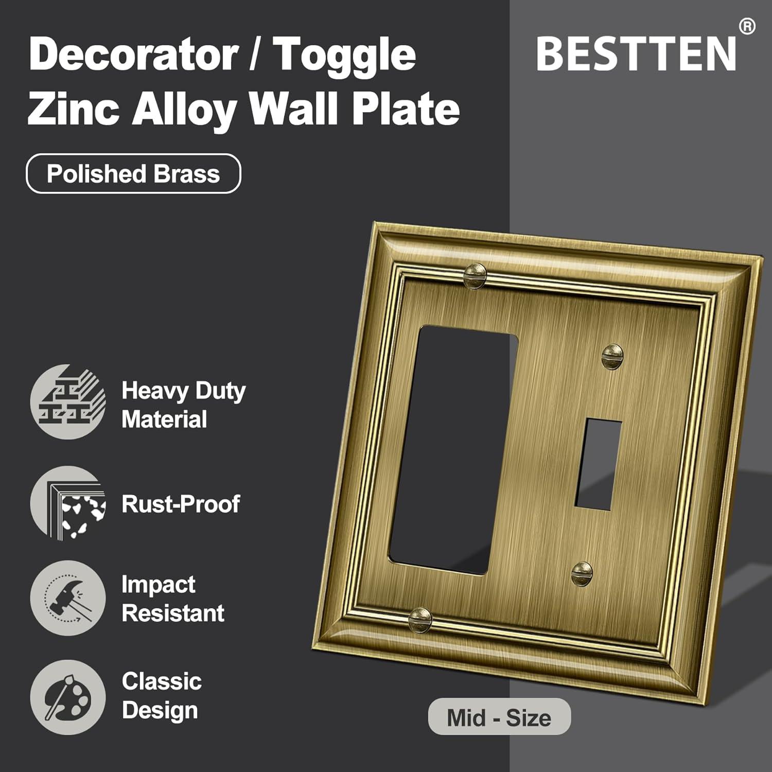 imageBESTTEN Polished Brass Double Duplex Electrical Receptacle Outlet Cover Plates 2Gang Metal Wall Plate Switch Covers MidsizeToggleDecorator 2PK