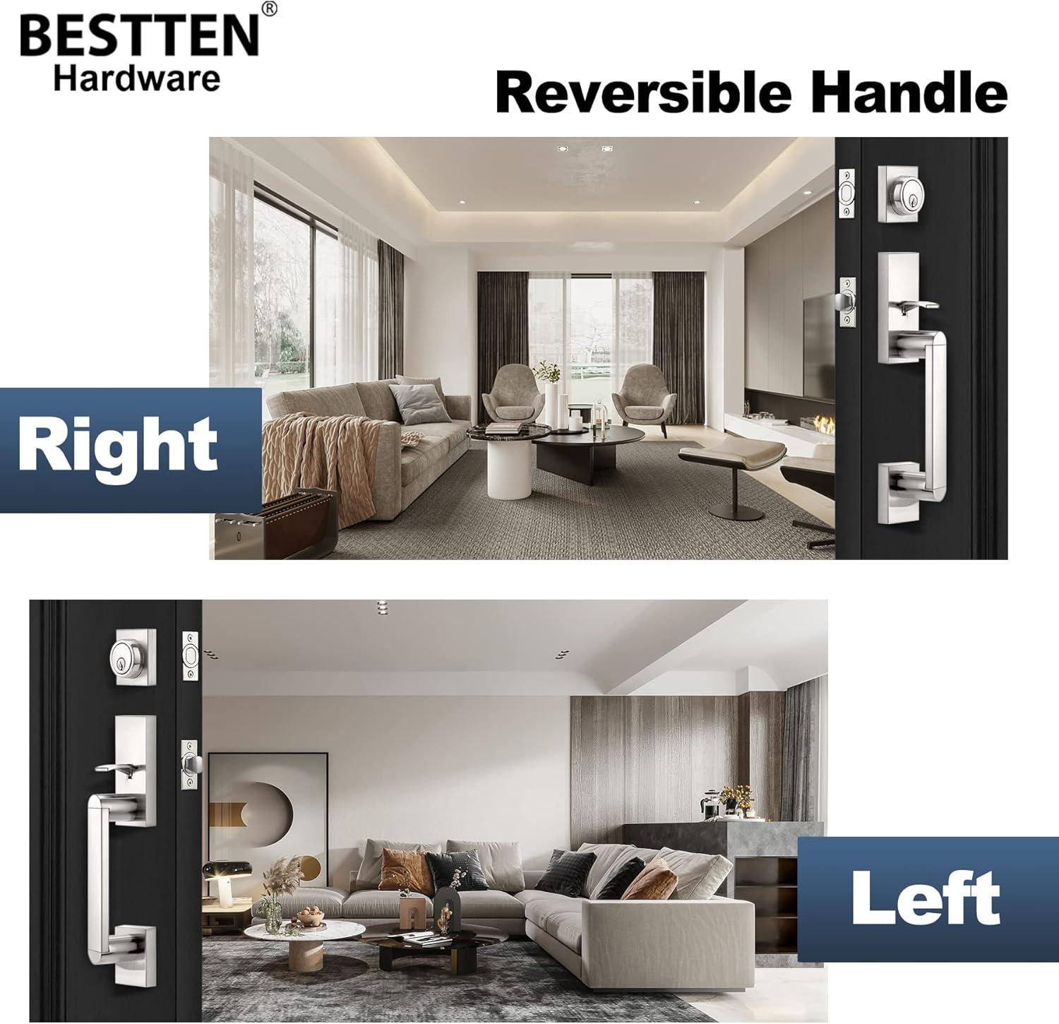 imageBESTTEN Satin Nickel Front Door Handle and Deadbolt Set with Single Cylinder Deadbolt Lock and Door Lever for Entry Doors Reversible for Right ampamp Left Handed