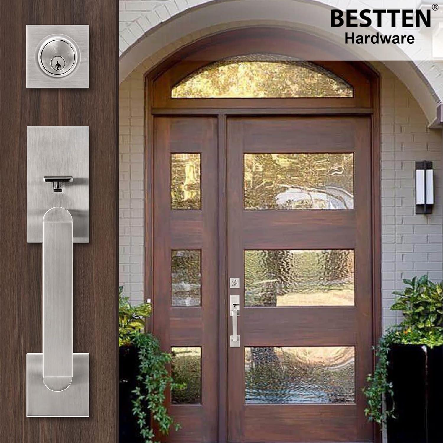 imageBESTTEN Satin Nickel Front Door Handle and Deadbolt Set with Single Cylinder Deadbolt Lock and Door Lever for Entry Doors Reversible for Right ampamp Left Handed