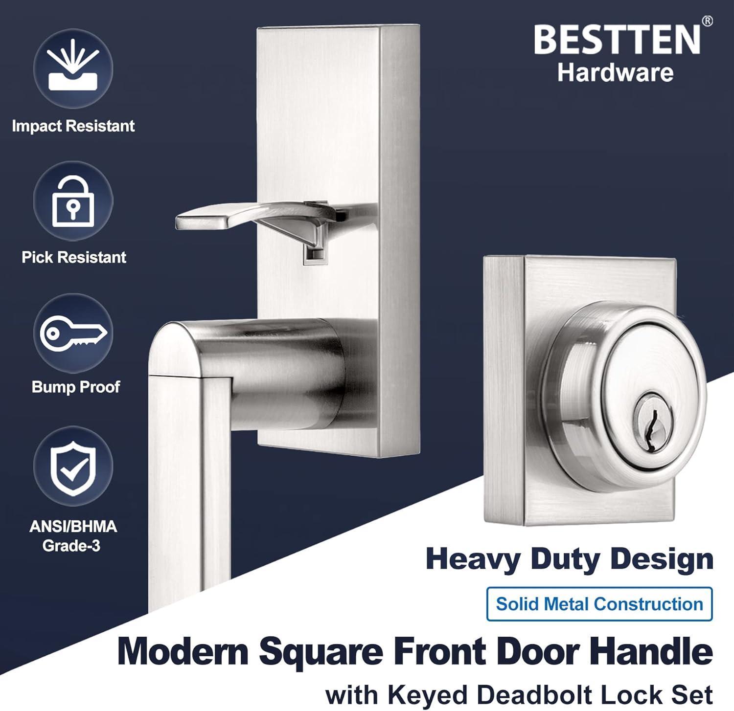 imageBESTTEN Satin Nickel Front Door Handle and Deadbolt Set with Single Cylinder Deadbolt Lock and Door Lever for Entry Doors Reversible for Right ampamp Left Handed