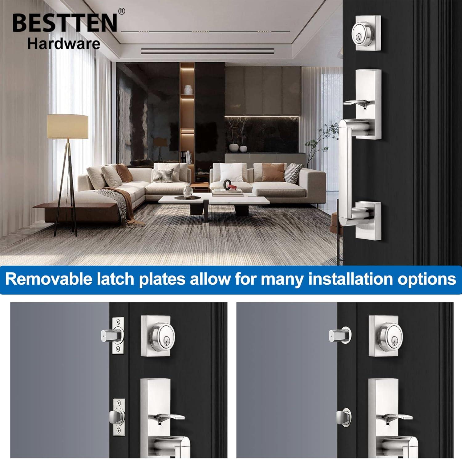 imageBESTTEN Satin Nickel Front Door Handle and Deadbolt Set with Single Cylinder Deadbolt Lock and Door Lever for Entry Doors Reversible for Right ampamp Left Handed