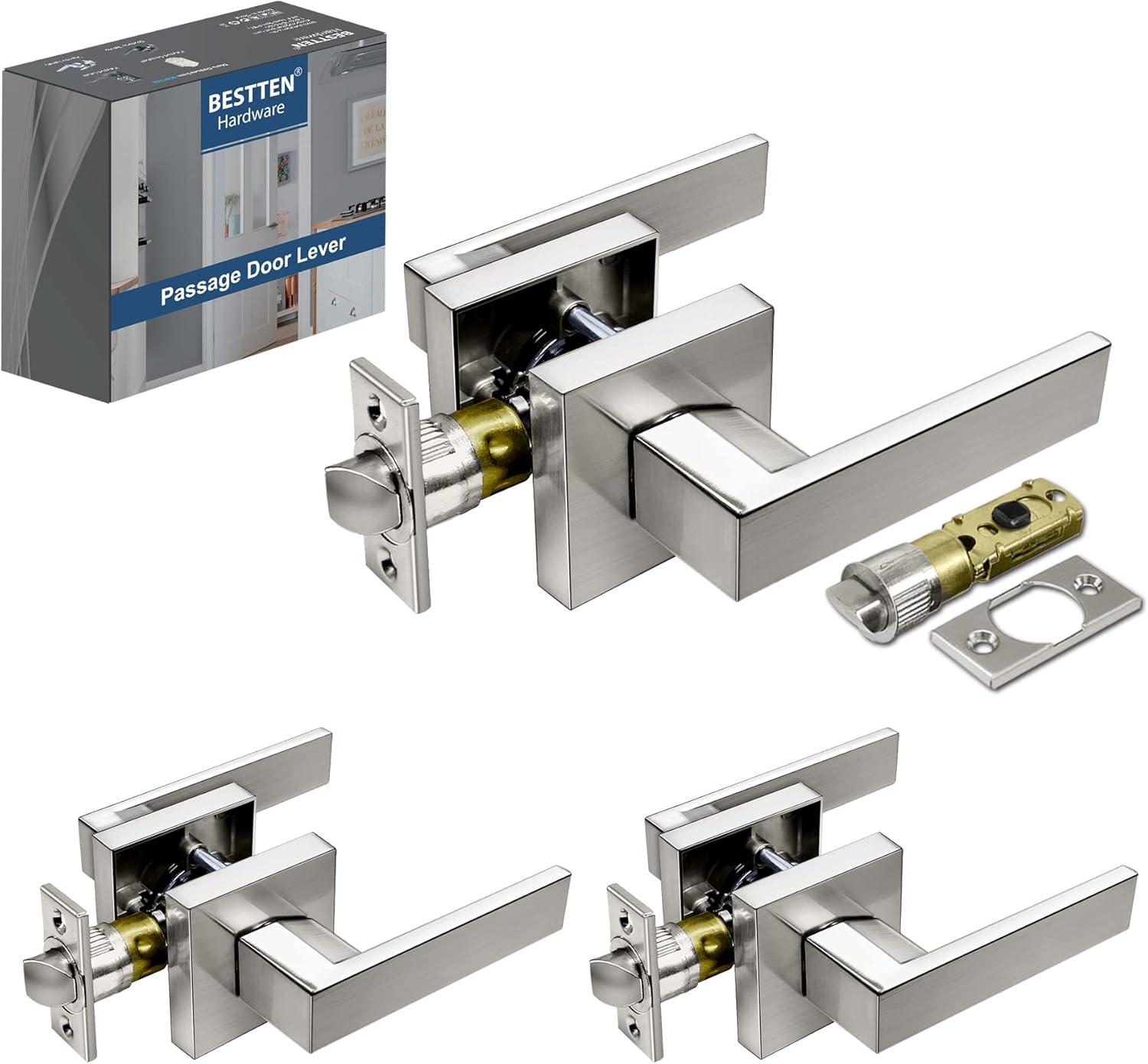 imageBESTTEN Satin Nickel Square Passage Door Lever with Removable Latch Plate All Metal NonLocking Interior Door Handle Set for Hallway and Closet Monaco SeriesSatin Nickel Door Lever