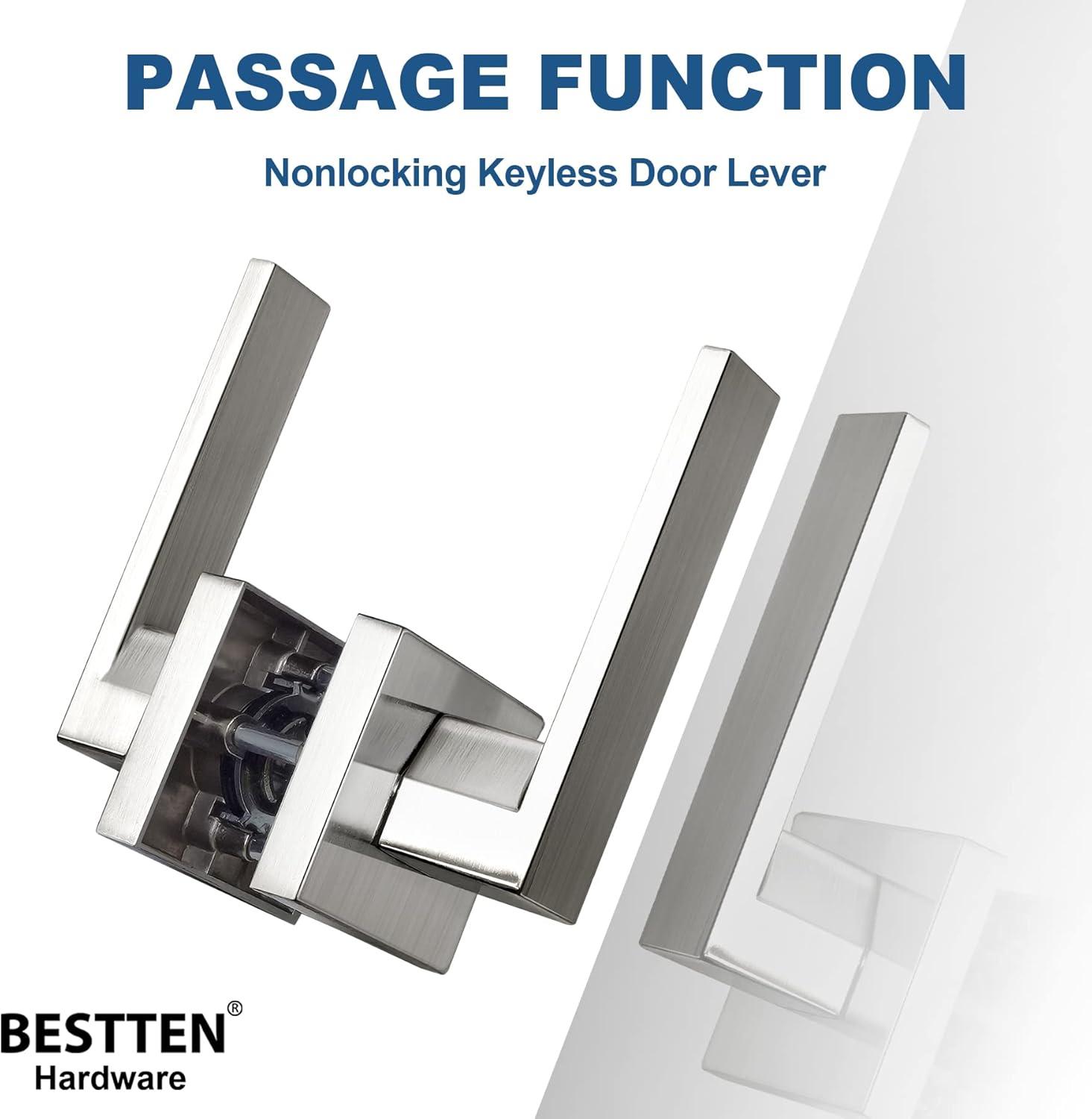 imageBESTTEN Satin Nickel Square Passage Door Lever with Removable Latch Plate All Metal NonLocking Interior Door Handle Set for Hallway and Closet Monaco SeriesSatin Nickel Door Lever