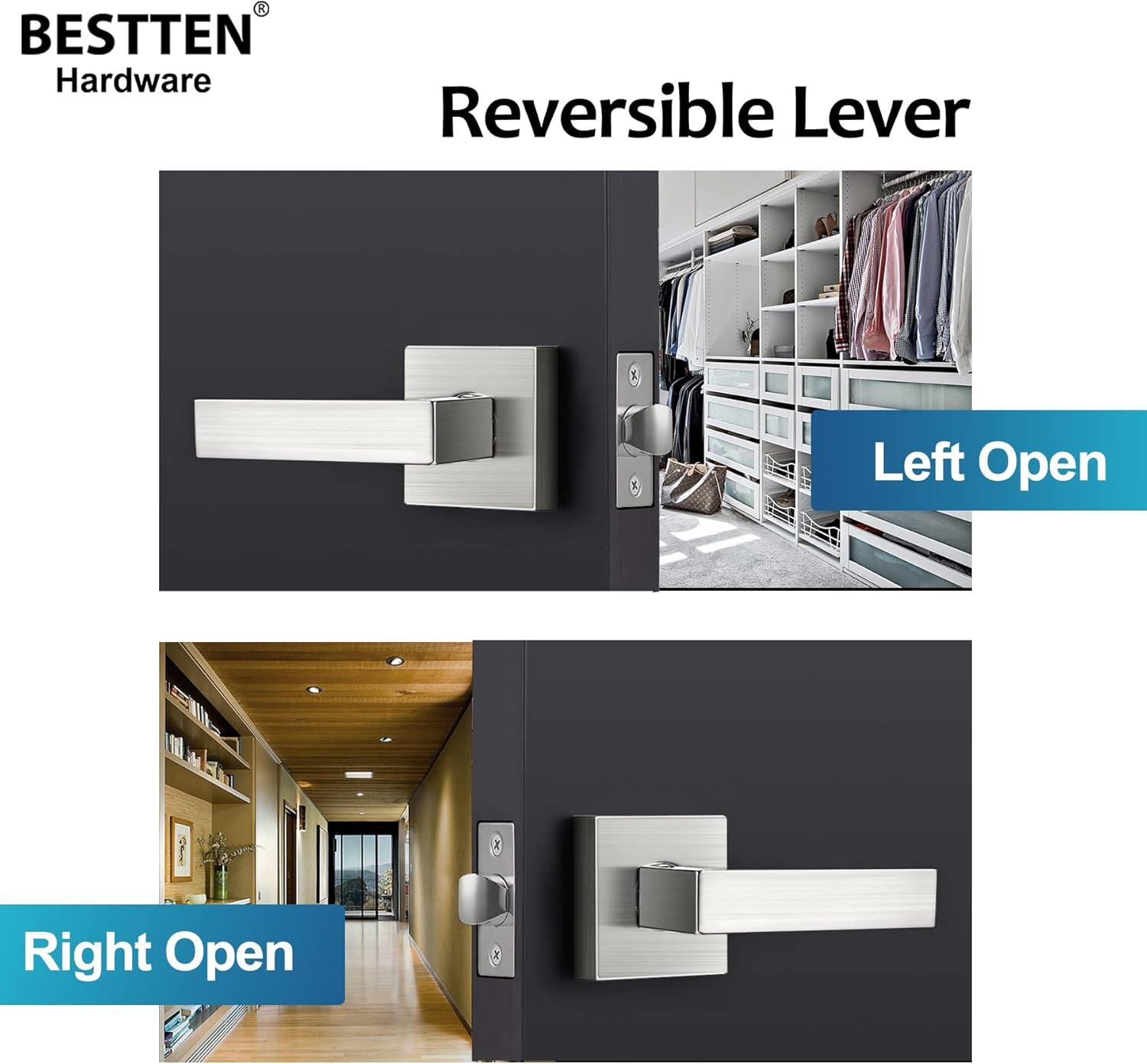 imageBESTTEN Satin Nickel Square Passage Door Lever with Removable Latch Plate All Metal NonLocking Interior Door Handle Set for Hallway and Closet Monaco SeriesSatin Nickel Door Lever