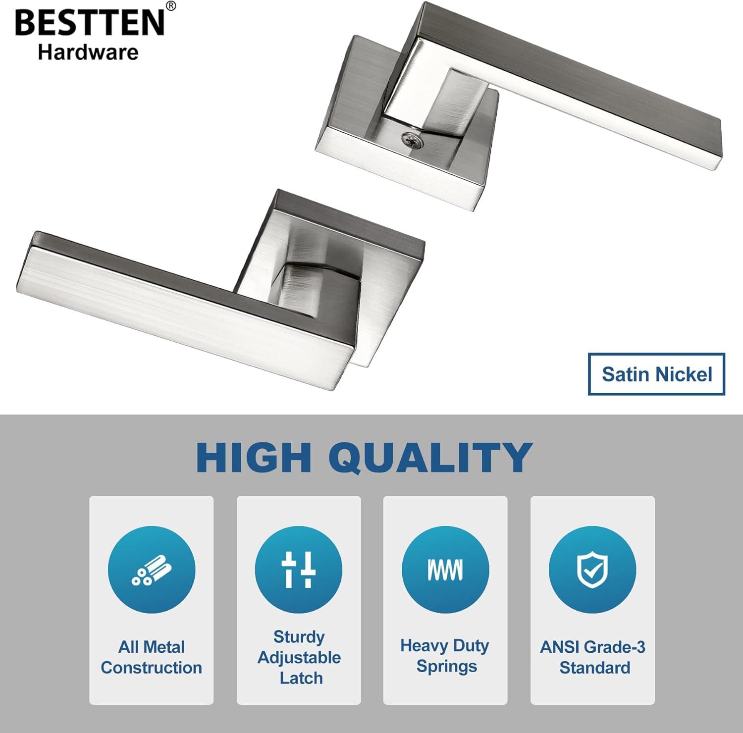 imageBESTTEN Satin Nickel Square Passage Door Lever with Removable Latch Plate All Metal NonLocking Interior Door Handle Set for Hallway and Closet Monaco SeriesSatin Nickel Door Lever