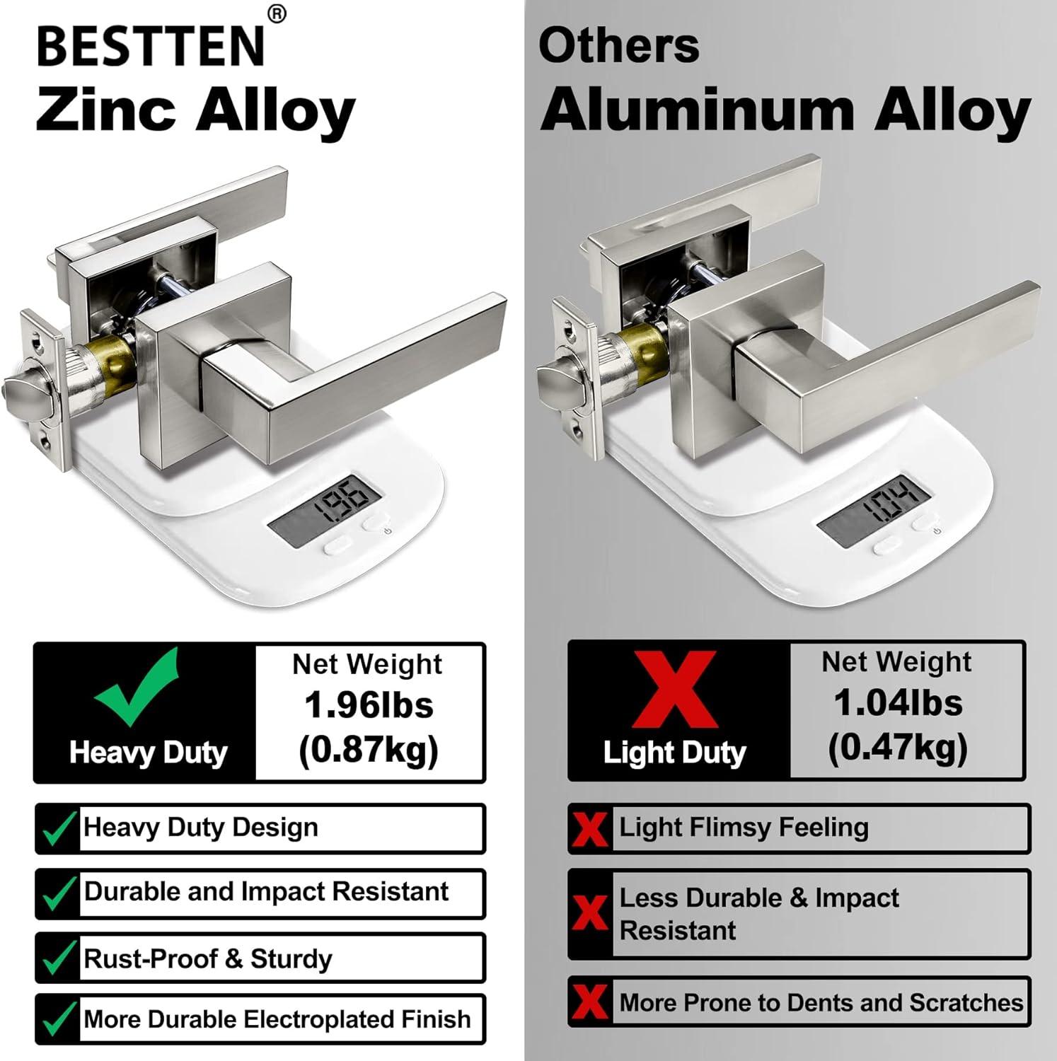 imageBESTTEN Satin Nickel Square Passage Door Lever with Removable Latch Plate All Metal NonLocking Interior Door Handle Set for Hallway and Closet Monaco SeriesSatin Nickel Door Lever