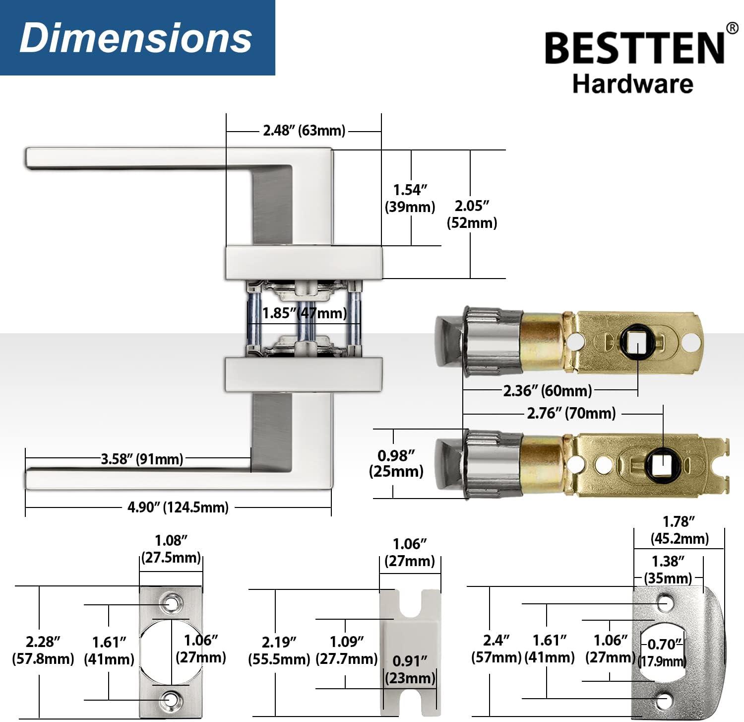 imageBESTTEN Satin Nickel Square Passage Door Lever with Removable Latch Plate All Metal NonLocking Interior Door Handle Set for Hallway and Closet Monaco SeriesSatin Nickel Door Lever