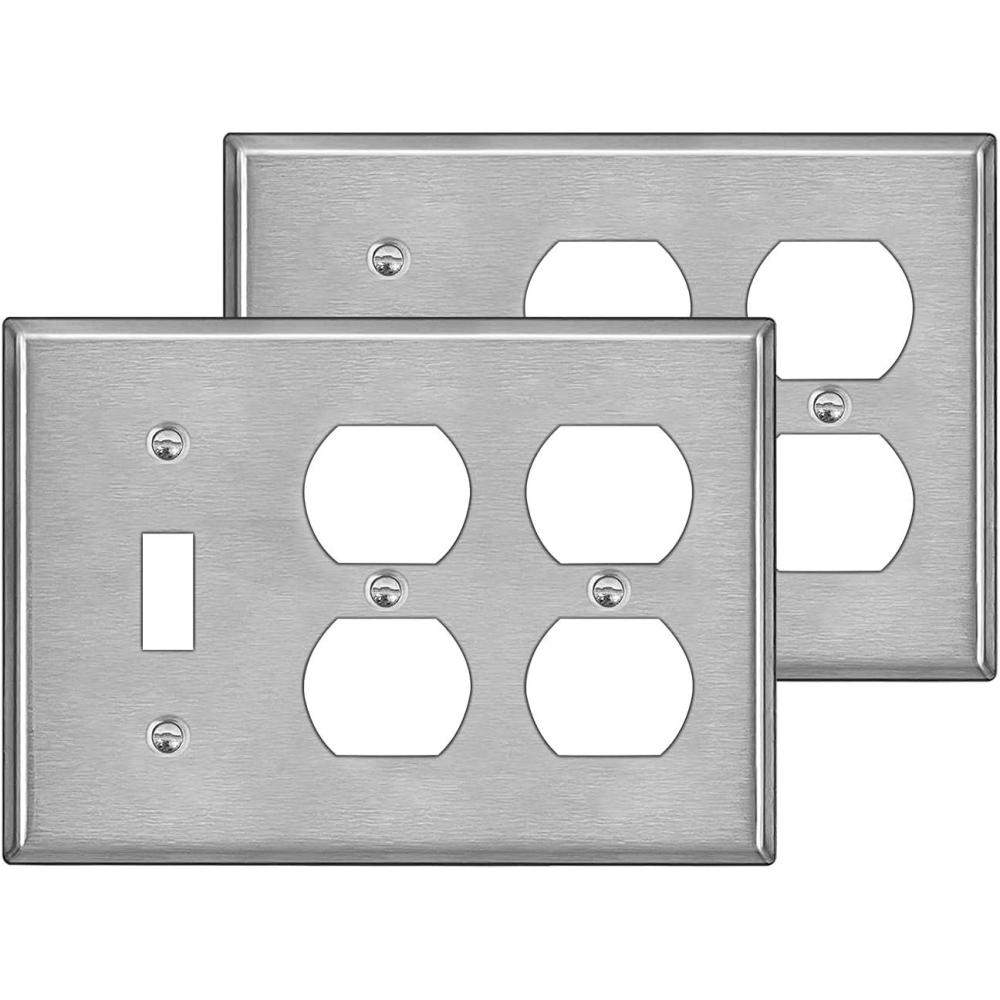 image2 Pack BESTTEN 2Duplex1Toggle Combo Metal Wall Plate with Protective Film 3Gang Standard Size CorrosionResistant Stainless Steel Outlet and Switch Cover Brushed Finish Silver