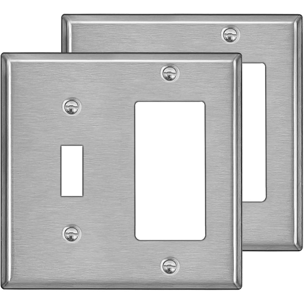 image2 Pack BESTTEN 2Gang Combination Metal Wall Plate 1Toggle1Decor Standard Size CorrosionResistant Stainless Steel Outlet and Switch Cover Silver Brushed Finish