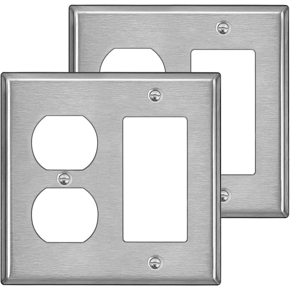image2 Pack BESTTEN 2Gang Combination Metal Wall Plate with Protective Film 1Duplex1Decor CorrosionResistant Stainless Steel Outlet and Switch Cover Standard Size Brushed FinishSilver