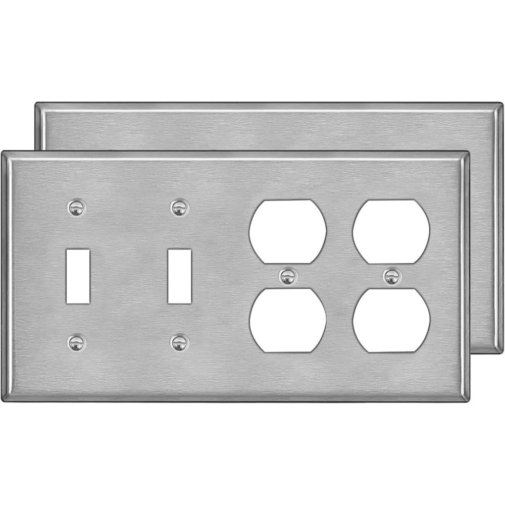 image2 Pack BESTTEN 4Gang Combo Metal Wall Plate with Protective Film 2Duplex2Toggle CorrosionResistant Stainless Steel Outlet and Switch Cover Standard Size Brushed Finish