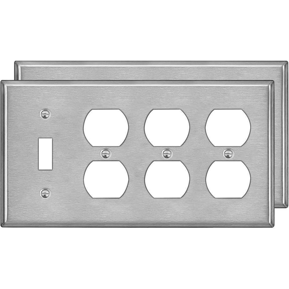 image2 Pack BESTTEN 4Gang Combo Metal Wall Plate with Protective Film 3Duplex1Toggle CorrosionResistant Stainless Steel Outlet and Switch Cover Standard Size Brushed Finish