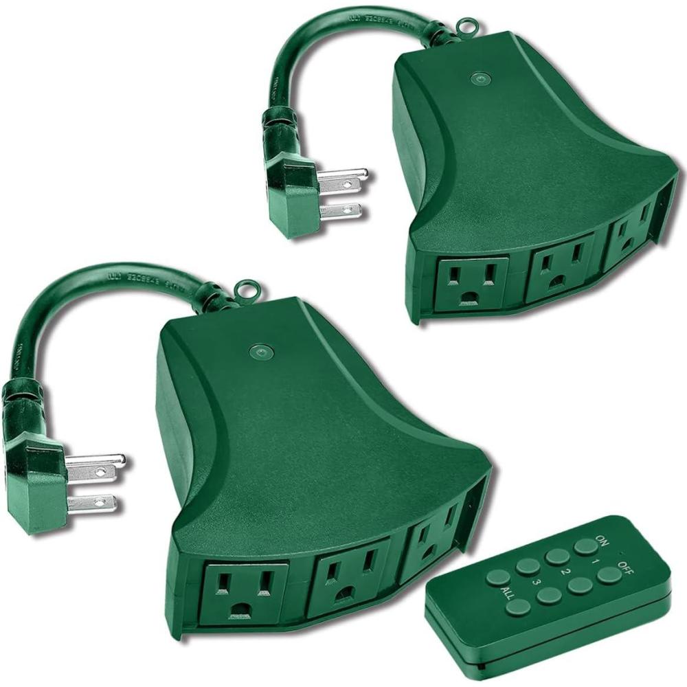 image2 Pack BESTTEN Wireless Outdoor Remote Control Outlet Switch with 6Inch Heavy Duty Power Cord 3 Grounded Outlets 15 Amp Electrical Plug Weatherproof ETL Certified Green