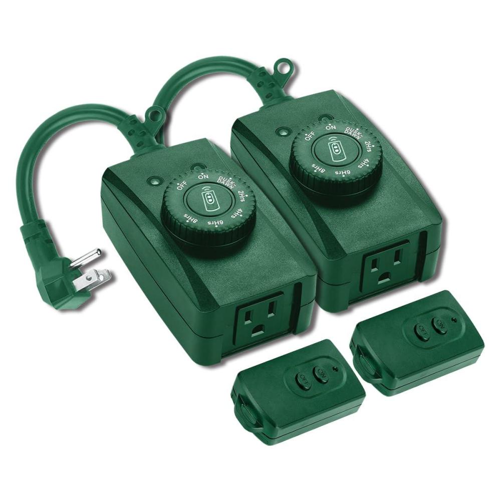 image2 Pack Remote Control Outdoor Outlet with Dusk to Dawn and Photocell Countdown Timer Functions ETL Certified Green