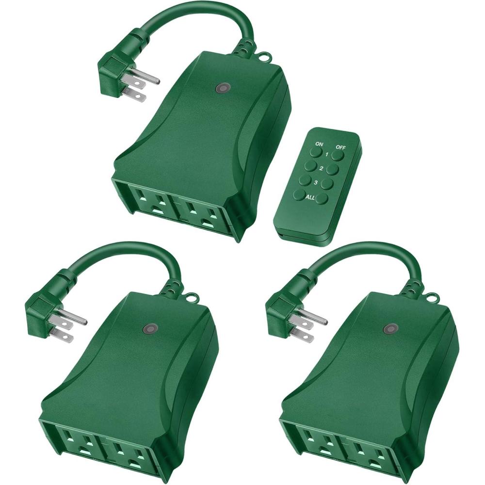 image3 Pack Wireless Outdoor Remote Control Outlet with 6Inch Heavy Duty Power Cord 2 Grounded Outlets Weatherproof 15 Amp Electrical Plug ETL Certified Green