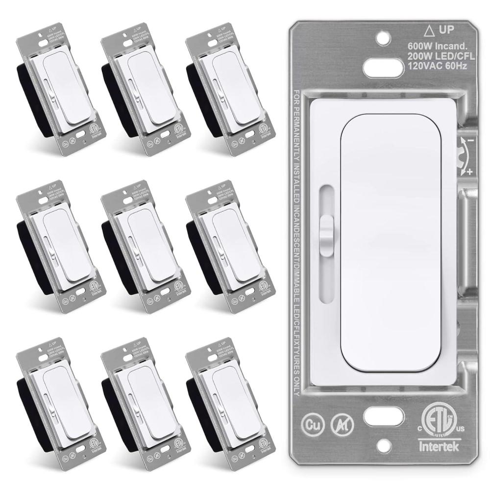 imageBESTTEN 6 Pack Super Slim Digital Dimmer Light Switch Quiet Rocker Single Pole or 3 Way Dimmable Switch for Dimmable LED CFL Incandescent Halogen ETL Listed White10