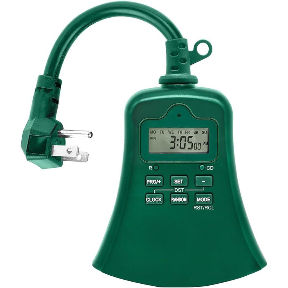 imageBESTTEN 7 Day Outdoor Heavy Duty Digital Programmable Timer with Clock and Push Button Countdown Timer with 3 Grounded Outlets Weatherproof Green ETL Listed