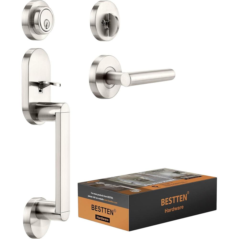 imageBESTTEN Front Entry Door Handle Set Heavy Duty Handleset with Single Cylinder Keyed Entry Deadbolt Lock ampamp Reversible Door Lever Satin Nickel
