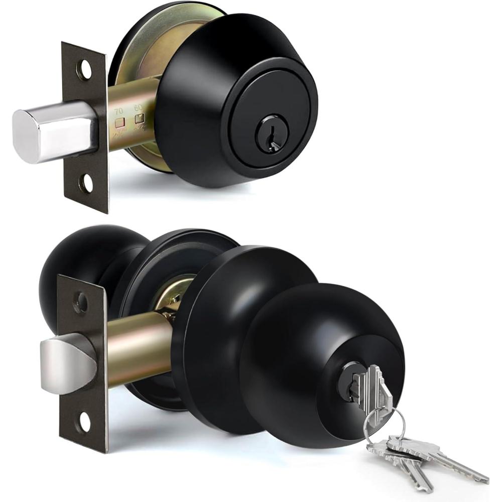 imageBESTTEN Keyed Same Exterior Door Knob and Single Cylinder Deadbolt Combo Set Keyed Alike Entry Door Knobs with Lock and Keys for Entrance and Front Door Satin NickelMatte Black