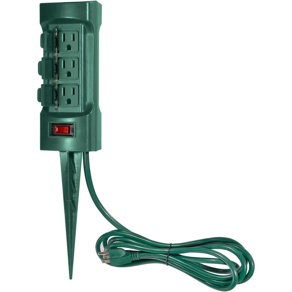 imageBESTTEN Outdoor Power Strip with Covers and Overload Protection Switch Double Sided 6Outlet Yard Power Stake with 9Foot Long Extension Cord ETL Certified Green6 Outlets  9ft