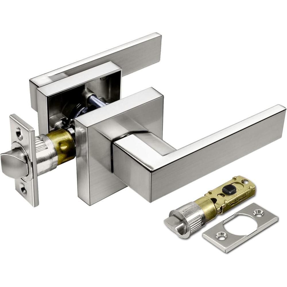 imageBESTTEN Satin Nickel Square Passage Door Lever with Removable Latch Plate All Metal NonLocking Interior Door Handle Set for Hallway and Closet Monaco SeriesSatin Nickel Door Lever