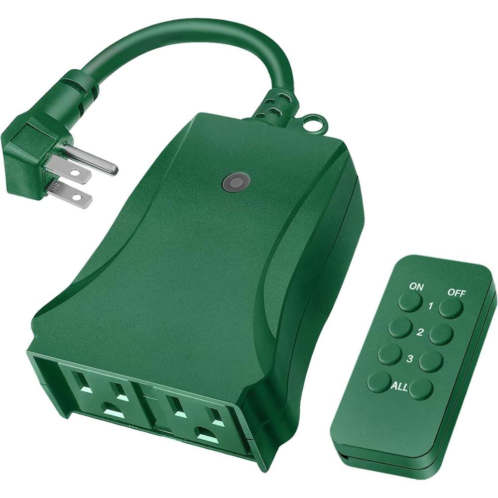 imageOutdoor Indoor Remote Control Outlet Wireless Electrical Outlet Switch with 6Inch Heavy Duty Power Cord 2 Grounded Outlets Weatherproof Dual 3Prong Plugs ETL Certified Green