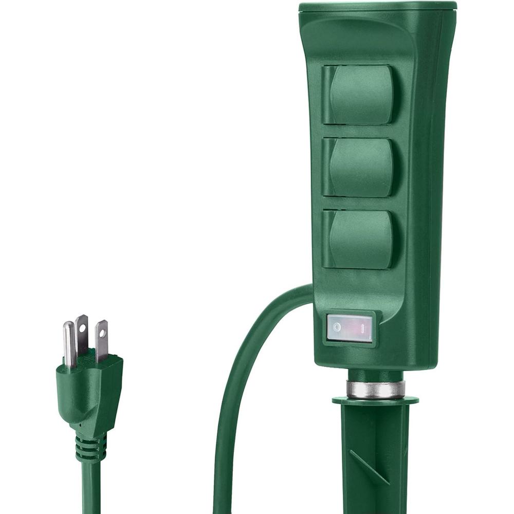 imageOutdoor Power Stake with 6 Outlets and 9 Foot Extension Cord Heavy Duty Power Strip with Overload Protection Switch and Weatherproof Protective Covers ETL Listed Green