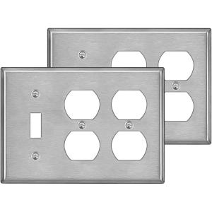 image2 Pack BESTTEN 2Duplex1Toggle Combo Metal Wall Plate with Protective Film 3Gang Standard Size CorrosionResistant Stainless Steel Outlet and Switch Cover Brushed Finish Silver