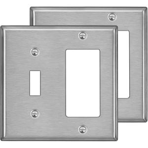 image2 Pack BESTTEN 2Gang Combination Metal Wall Plate 1Toggle1Decor Standard Size CorrosionResistant Stainless Steel Outlet and Switch Cover Silver Brushed Finish