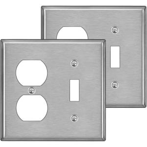 image2 Pack BESTTEN 2Gang Combination Metal Wall Plate with Protective Film 1Duplex1Toggle CorrosionResistant Stainless Steel Outlet and Switch Cover Standard Size Brushed Finish SilverSilver