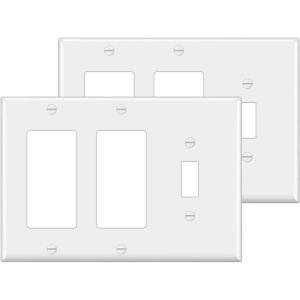 image2 Pack BESTTEN 3Gang Combination Wall Plate 2Decor 1Toggle Standard Size Unbreakable Polycarbonate Outlet and Switch Cover White