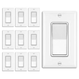 imageBESTTEN 10 Pack 3Way Decorator Wall Light Switch with Wallplate 15A 120V277V Single Pole or Three Way OnOff Paddle Rocker Interrupter UL Listed Whitewhite