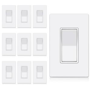 imageBESTTEN 3 Way Decorator Light Switch 10 Pack OnOff Paddle Rocker Interrupter 15A 120277V Electrical Wall Light Switches with Screwless Wallplates Single Pole or Three Way UL Listed White3 Way