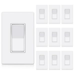 imageBESTTEN 3 Way Decorator Light Switch 10 Pack OnOff Paddle Rocker Interrupter 15A 120277V Electrical Wall Light Switches with Screwless Wallplates Single Pole or Three Way UL Listed WhiteSingle Pole