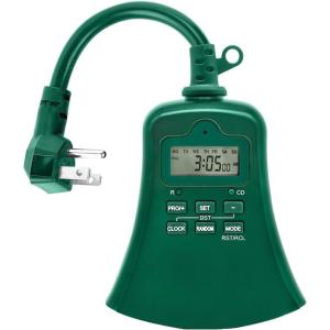 imageBESTTEN 7 Day Outdoor Heavy Duty Digital Programmable Timer with Clock and Push Button Countdown Timer with 3 Grounded Outlets Weatherproof Green ETL Listed