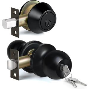 imageBESTTEN Keyed Same Exterior Door Knob and Single Cylinder Deadbolt Combo Set Keyed Alike Entry Door Knobs with Lock and Keys for Entrance and Front Door Satin NickelMatte Black