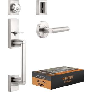 imageBESTTEN Satin Nickel Front Door Handle and Deadbolt Set with Single Cylinder Deadbolt Lock and Door Lever for Entry Doors Reversible for Right ampamp Left Handed