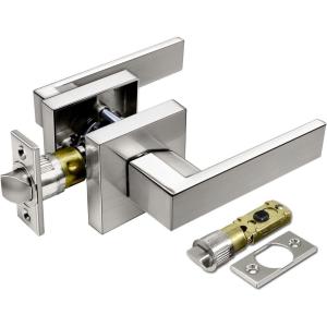 imageBESTTEN Satin Nickel Square Passage Door Lever with Removable Latch Plate All Metal NonLocking Interior Door Handle Set for Hallway and Closet Monaco SeriesSatin Nickel Door Lever