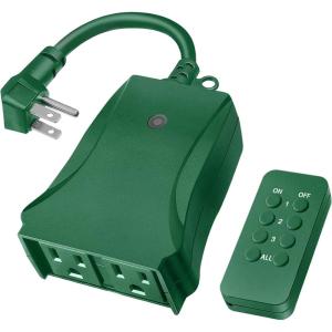 imageOutdoor Indoor Remote Control Outlet Wireless Electrical Outlet Switch with 6Inch Heavy Duty Power Cord 2 Grounded Outlets Weatherproof Dual 3Prong Plugs ETL Certified Green
