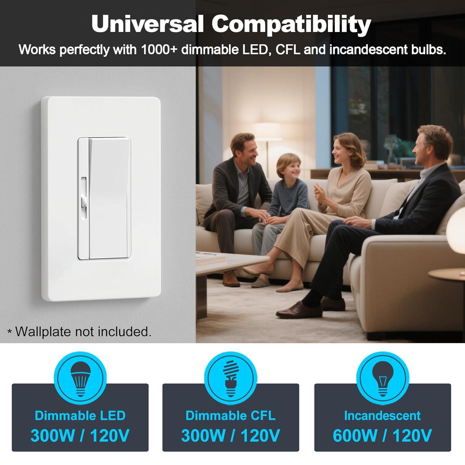 imageBESTTEN 3 Pack Slide Dimmer Light Switch Quiet Rocker Super Slim Single Pole or 3 Way Dimmable Switch Max 300W LED CFL 600W Incandescent ETL Listed White3