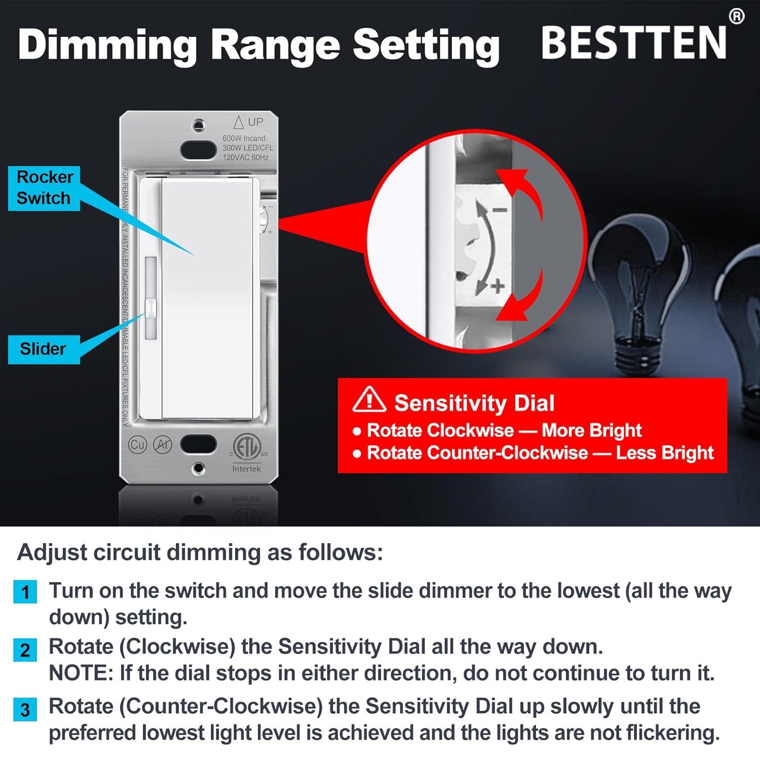imageBESTTEN 3 Pack Slide Dimmer Light Switch Quiet Rocker Super Slim Single Pole or 3 Way Dimmable Switch Max 300W LED CFL 600W Incandescent ETL Listed White3