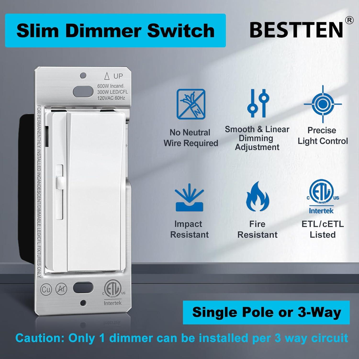 imageBESTTEN 3 Pack Slide Dimmer Light Switch Quiet Rocker Super Slim Single Pole or 3 Way Dimmable Switch Max 300W LED CFL 600W Incandescent ETL Listed White6