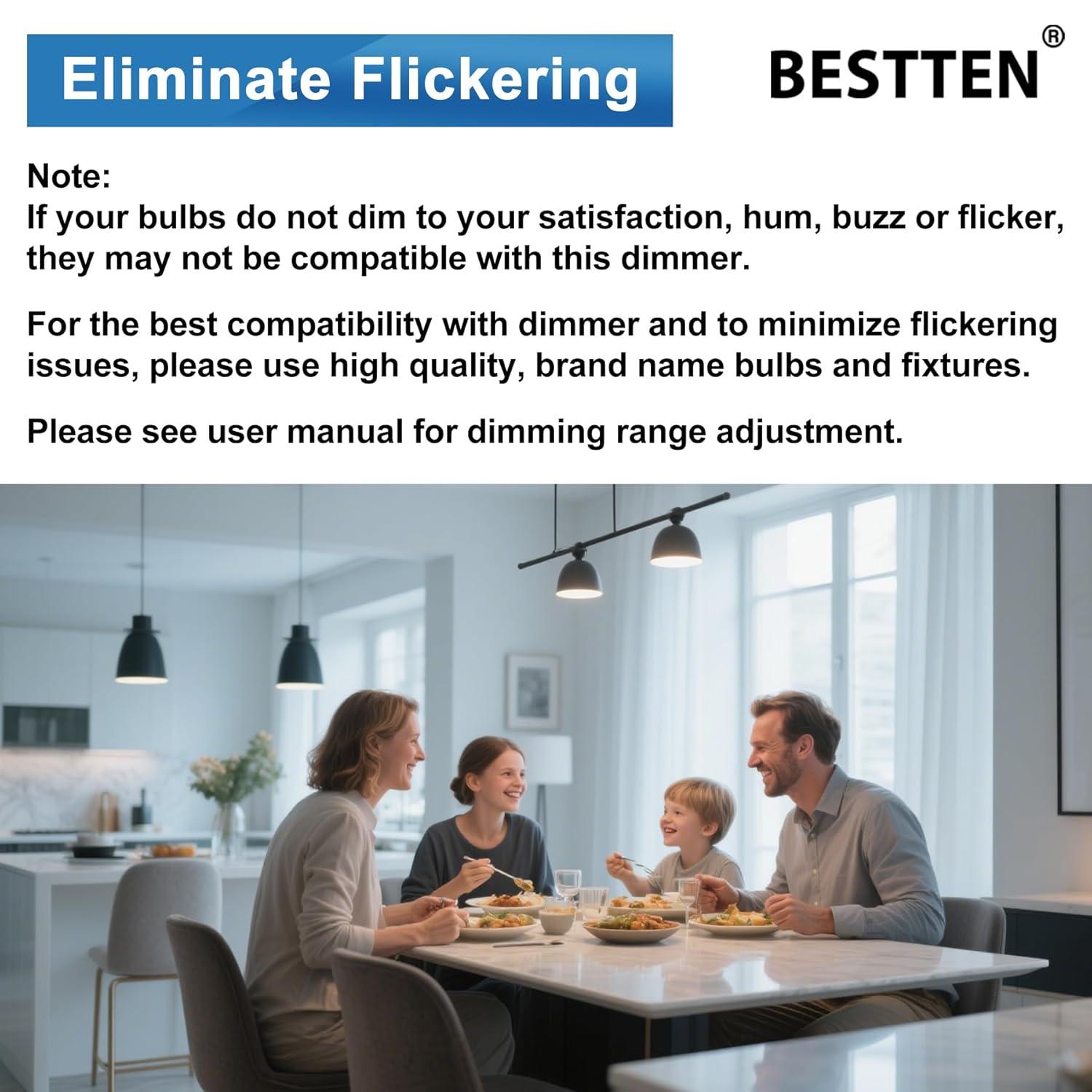 imageBESTTEN 3 Pack Slide Dimmer Light Switch Quiet Rocker Super Slim Single Pole or 3 Way Dimmable Switch Max 300W LED CFL 600W Incandescent ETL Listed White12